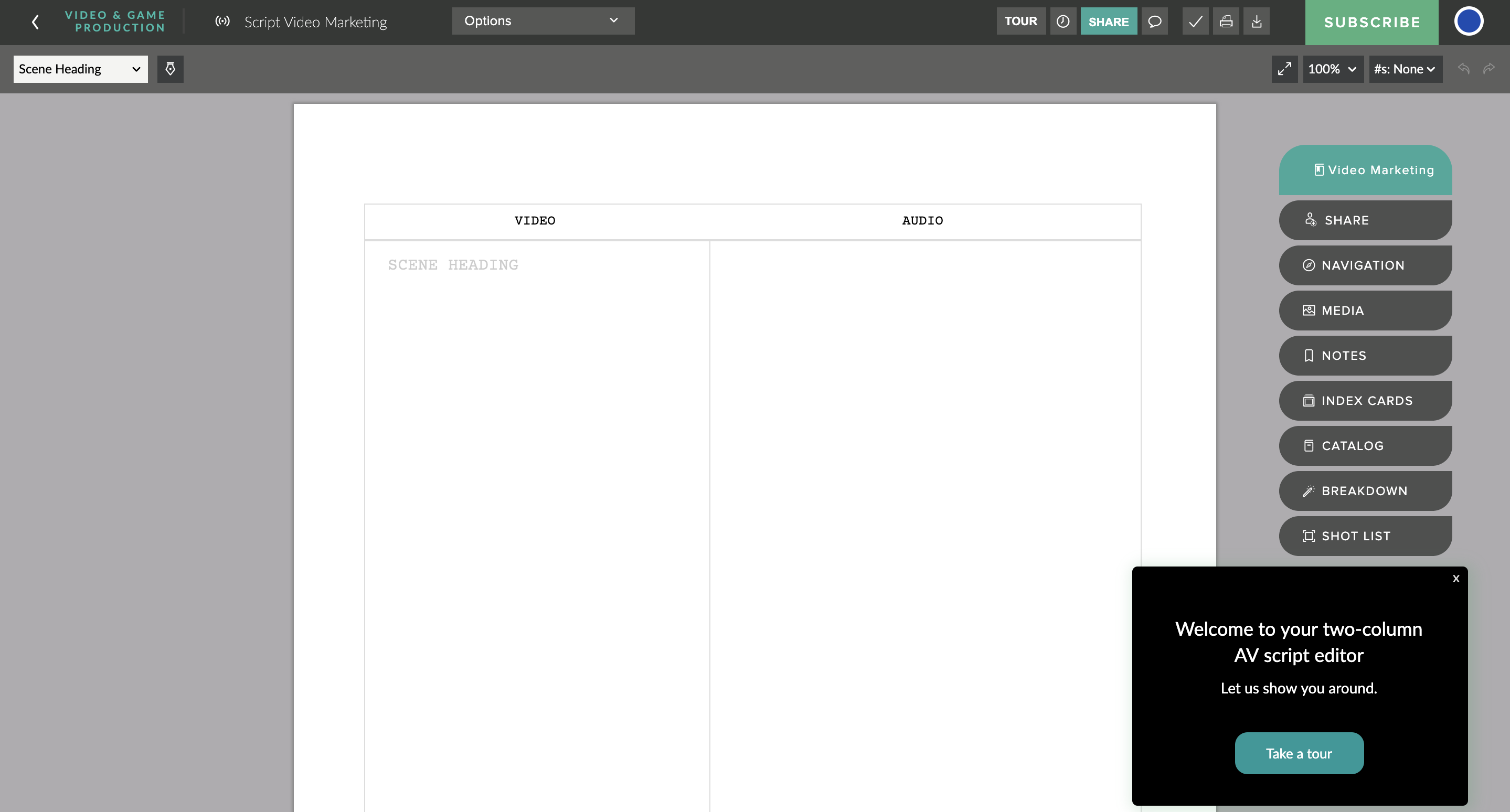free-video-marketing-tools-celtx Screenshot of Celtx, a video scripting tool